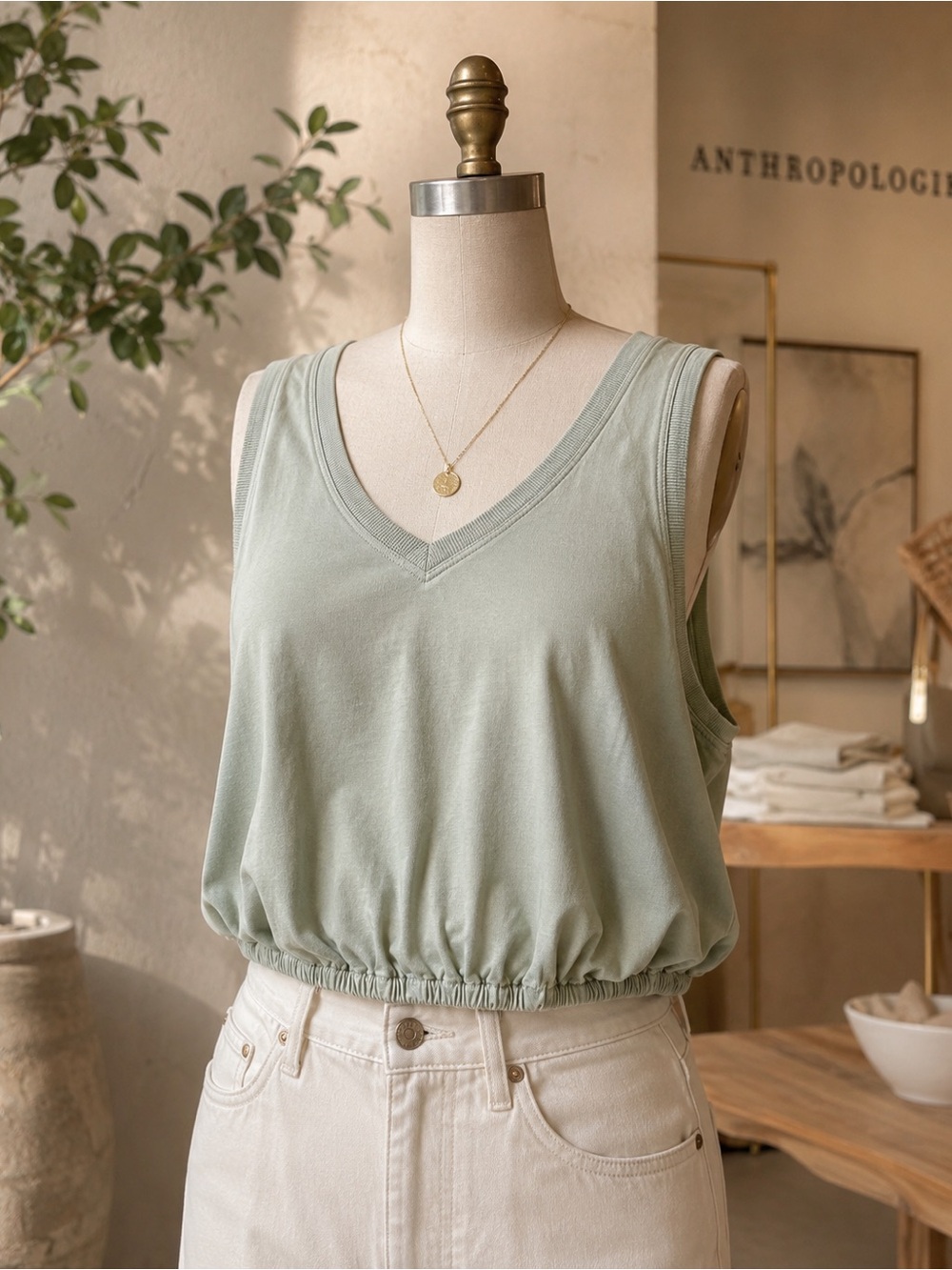 Pilcro by Anthropologie Sage Green Bubble Hem Cropped Tank Top Small 100% Cotton